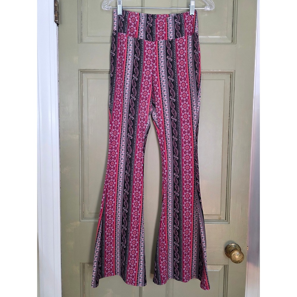 No Boundaries Pink Black Paisley Floral Flare Leggings Boho Bell Bottoms Medium